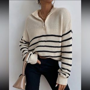 Striped Drop Shoulder Zipper Front Sweater | Size S